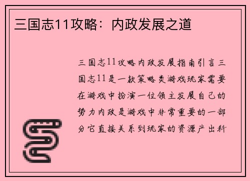 三国志11攻略：内政发展之道