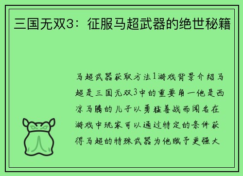 三国无双3：征服马超武器的绝世秘籍