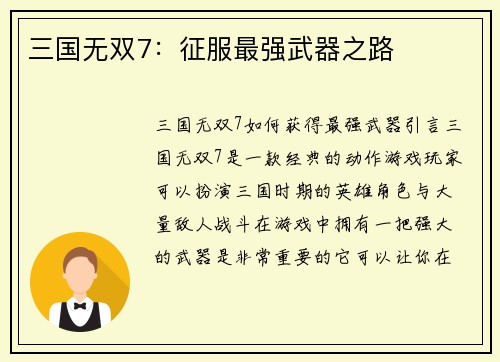 三国无双7：征服最强武器之路